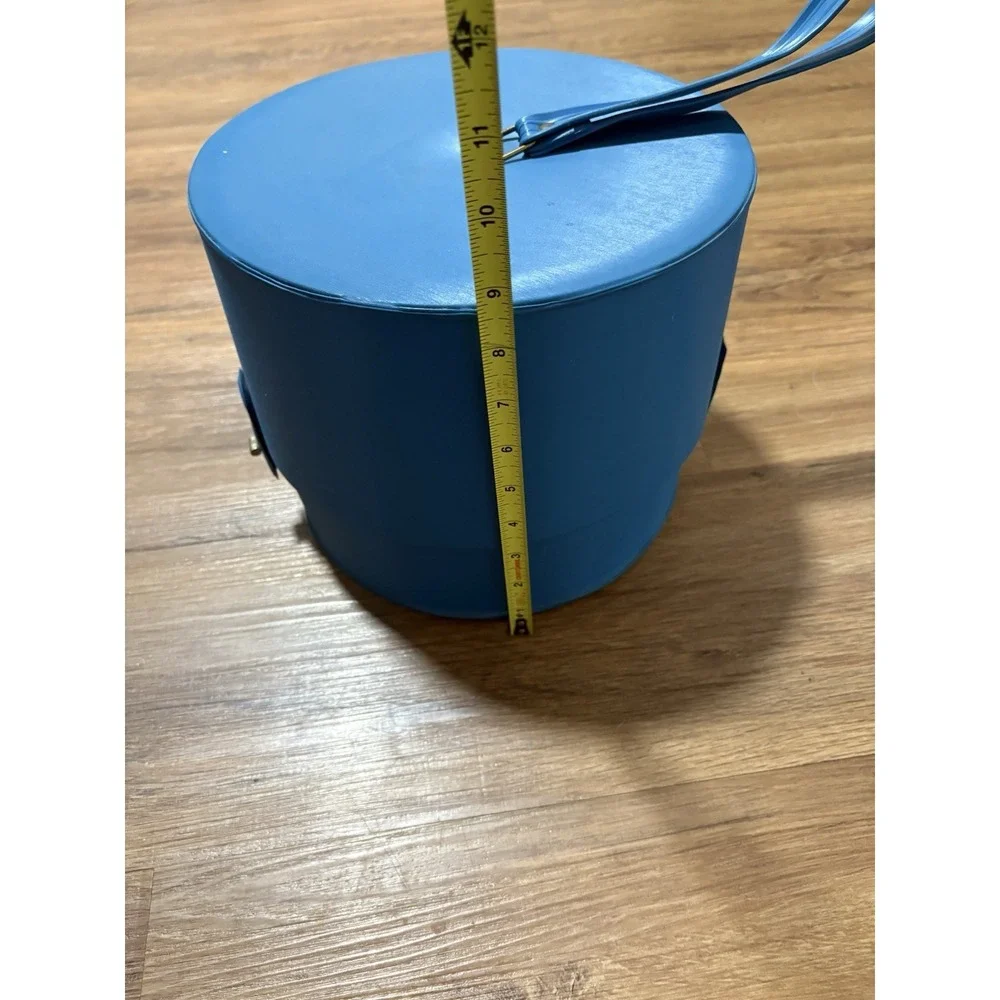 Vintage Blue Vinyl Wig Case Hat Box Travel Storage Carrier Mid Century Round